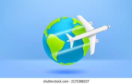 Travel concept with the Earth and airplane. Vector 3d illustration

