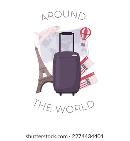 concepto de viaje con torre eiffel, equipaje, mapa y billetes