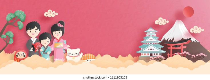 Travel concept with family travel to Japan with Japanese landmark. Paper cut. 