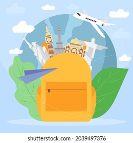 Travel concept with famous landmarks from backpack.