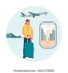 Travel concept featuring young man with luggage and airplane, cityscape view from plane window vector