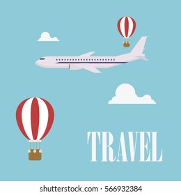Travel concept. Flat design plane with hot balloon on sky