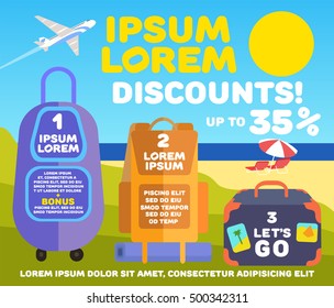 Travel concept, flat design vector layout,  airplane flying above sunny beach with umbrella and sunbeds