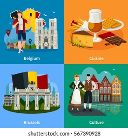 Travel concept in flat style with belgian landmarks including cuisine culture and brussel isolated vector illustration  