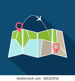 Travel concept flat vector illustration. Map with pins and airplane 