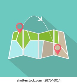 Travel concept flat vector illustration. Map with pins and airplane 