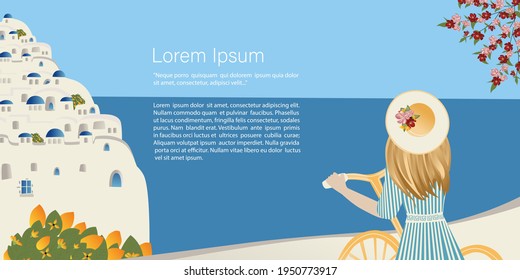 Travel concept. Girl tourist in the old town on the coast abstract place, village  in Santorini, Spain, Greece and Italy. Banner, template for a website with text. Travel Vector illustrations 