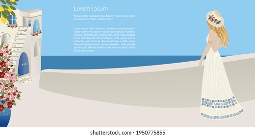 Travel concept. Girl tourist in the old town on the coast abstract place, village  in Santorini, Spain, Greece and Italy. Banner, template for a website with text. Travel Vector illustrations 