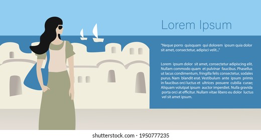 Travel concept. Girl tourist in the old town on the coast abstract place, village  in Santorini, Spain, Greece and Italy. Banner, template for a website with text. Travel Vector illustrations 