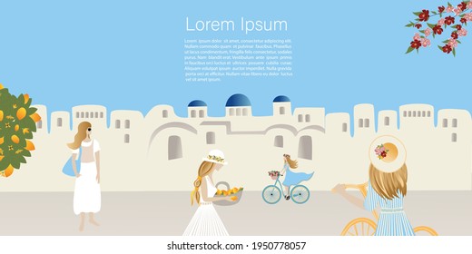 Travel concept. Girls  tourists in the old town on the coast abstract place, village  in Santorini, Spain, Greece and Italy. Banner, template for a website with text. Travel Vector illustrations 