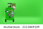 Travel concept with green travel bag. Enjoy summer travel. 3d vector banner with copy space
