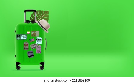 Concepto de viaje con bolso de viaje verde. Disfrute de los viajes de verano. Banner vectorial 3d con espacio de copia