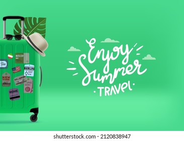 Travel concept with green suitcase and logo. Enjoy summer travel. 3d vector illustration