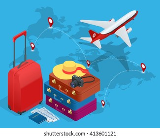 Travel concept. Greeting card.  Bags, passport, photo camera and  tickets and airplane in sky. Isometric flat 3d illustration