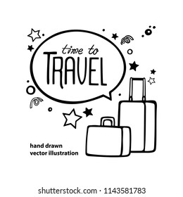 Travel. Travel concept hand drawn vector illustration.
Travel sketch doodle drawing. Handwritten lettering.
