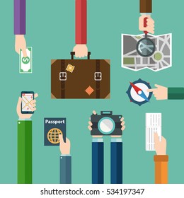 Travel concept, hands holding travel items. Time to travel