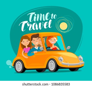 Travel concept. Happy friends ride retro car on journey. Funny cartoon vector illustration