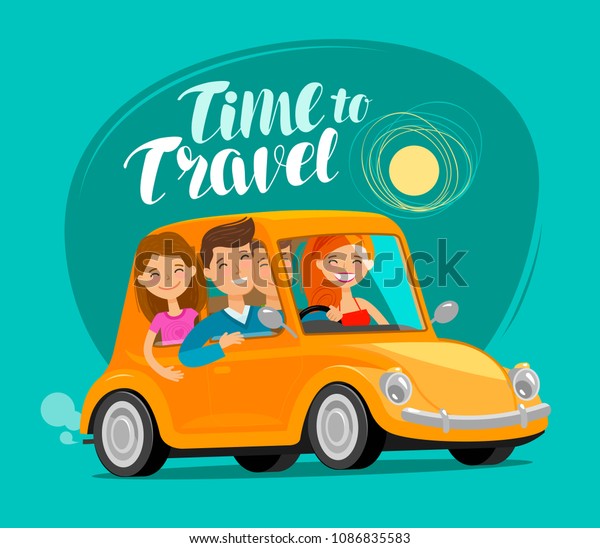 Travel concept. Happy friends ride\
retro car on journey. Funny cartoon vector\
illustration