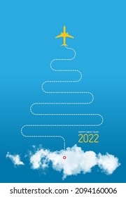 Travel Concept. Happy New Year 2022. The Plane Left A Trail Of A Christmas Tree With Clouds. Vector Illustration. Isolated On A Blue Background.