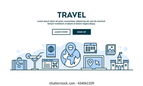 Travel, concept header, flat design thin line style, vector illustration