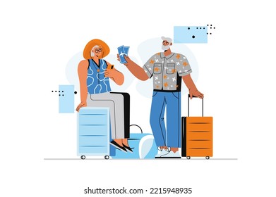 Travel concept with human scene in flat style. Man and women with luggage hold plane tickets and go on summer vacation and recreation travelling. Vector illustration with character design for web
