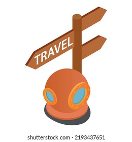 Travel concept icon isometric vector. Old vintage diving helmet and road sign. Travel, sea holiday, tourism