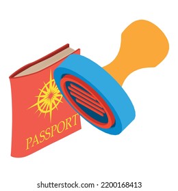 Travel concept icon isometric vector. Passport in red cover and round stamp icon. Vacation, recreation, adventure