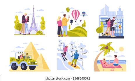 Travel concept. Idea of tourism around the world. Happy couple having vacation and holiday abroad. Adventure in europe, america, egypt. Weekend journey. Vector illustration in cartoon style