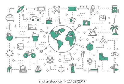 Travel concept. Idea of tourism and vacation. Collection of line icons with airplane, camera and suitcase. Isolated vector illustration