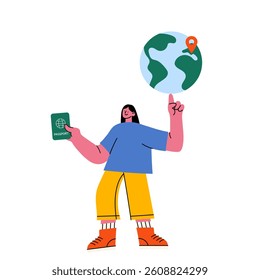 Travel concept illustration – happy tourist with passport and globe. Flat vector design for vacation, world trip, tourism, international travel, adventure, holiday planning, global exploration themes