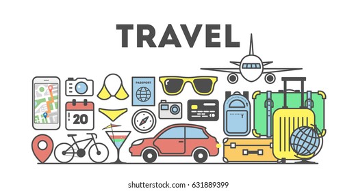 Travel concept illustration. Signs and icons on white background.