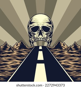 Travel concept illustration with a straight highway in the middle of a bad land and a giant Skull in the background. Vintage retro stylized vector illustration