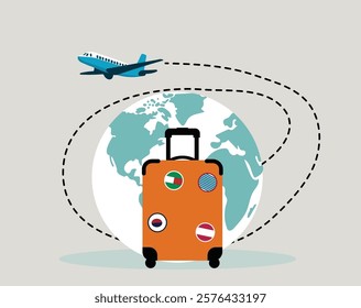 Travel concept illustration with a suitcase, world map, and a plane flying with a dotted path. Ideal for Travel and Tourism, Adventure Planning, Global Connectivity, Travel Blogs, Holiday Campaigns