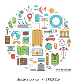Travel concept illustration in thin line flat style with icons, symbols and objects of tourism, summer vacation planning, journey in holidays. Vector background
