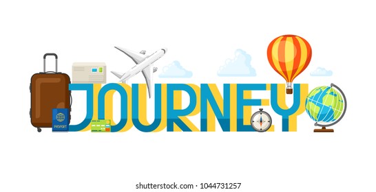Travel concept illustration with tourist items and word.