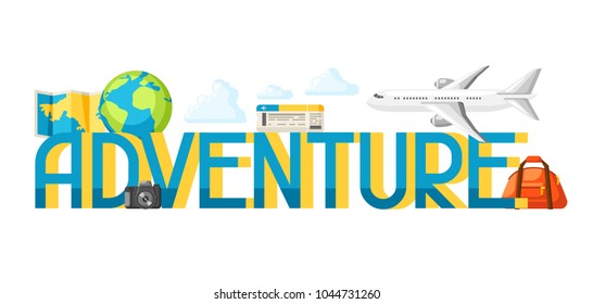 Travel concept illustration with tourist items and word.