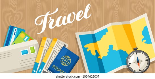 Travel Concept Illustration. Traveling Background With Tourist Items On Wooden Table. Top View.