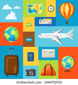 Travel concept illustration. Traveling background with tourist items.
