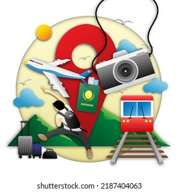 travel concept illustration vector design, man on vacation trip with sun sky and mountain