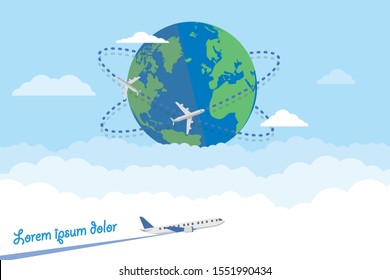 Travel concept illustration in vector. The plane flies into the circle of the earth and leaves a blue dotted trace.