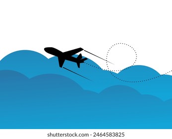 Travel concept illustration in vector. The plane flies and leaves a trail line. Summer vacation background.