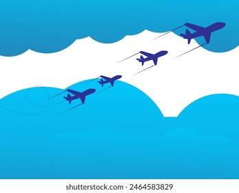Travel concept illustration in vector. The plane flies and leaves a trail line. Summer vacation background.