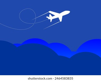 Travel concept illustration in vector. The plane flies and leaves a trail line. Summer vacation background.