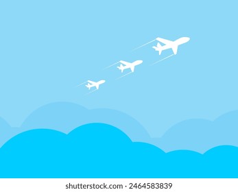 Ilustración de concepto de viaje en Vector. El avión vuela y deja una línea de sendero. Fondo de vacaciones de verano.