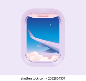 Travel concept illustration with view from airplane window to the airplane wing on starry sky background. Vector illustration