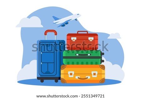 Travel concept image with stack of bags, suitcases against sky and airplane taking off