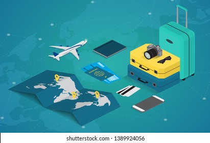 Travel concept in isometric style. Passport, tickets, bags and airplane. Travel equipment. Vector illustration 