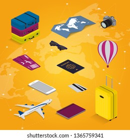 Travel concept in isometric style Time to travel. Passport, tickets, bags and airplane. Travel equipment. Vector illustration 