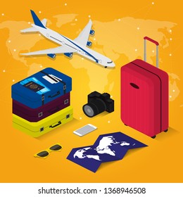 Travel concept in isometric style Time to travel. Passport, tickets, bags and airplane. Travel equipment. Vector illustration 