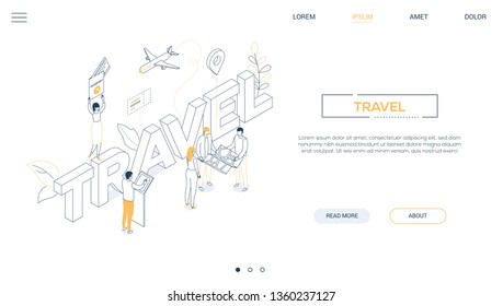 Travel concept - line design style isometric web banner on white background with copy space for text. A header with tourists going on vacation, with documents, ticket, at the check-in, holding the map